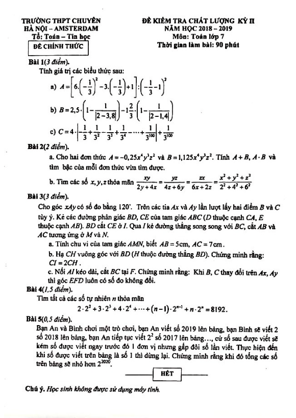 Đề kiểm tra kỳ 2 Toán 7 năm 2018 – 2019 trường chuyên Hà Nội – Amsterdam