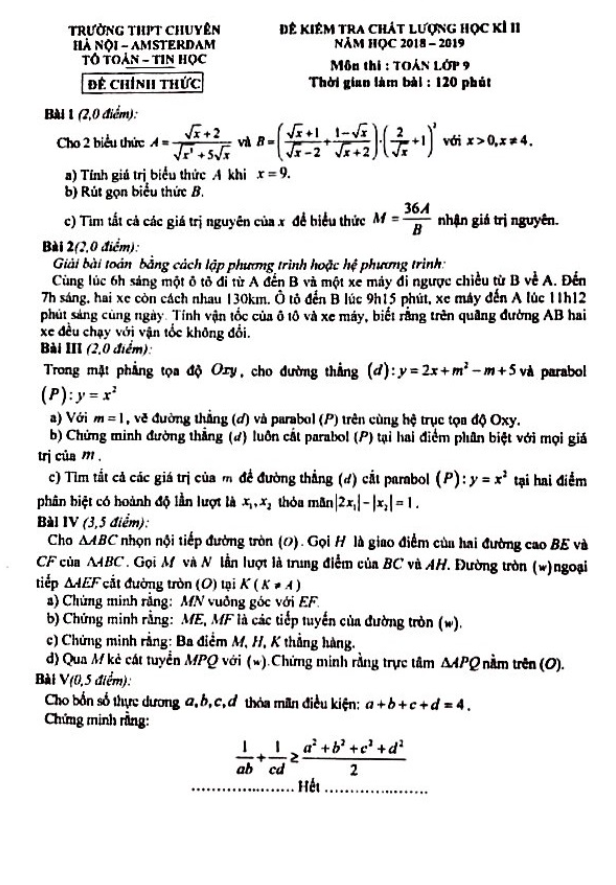 Đề kiểm tra kỳ 2 Toán 9 năm 2018 – 2019 trường chuyên Hà Nội – Amsterdam