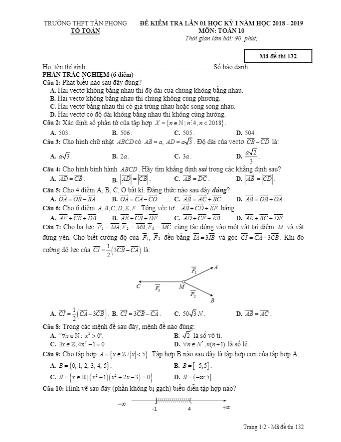 Đề kiểm tra lần 1 học kỳ 1 Toán 10 năm 2018 – 2019 trường THPT Tân Phong – Bạc Liêu