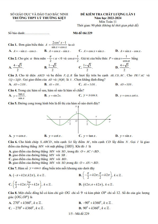 Đề kiểm tra lần 1 Toán 11 năm 2023 – 2024 trường THPT Lý Thường Kiệt – Bắc Ninh