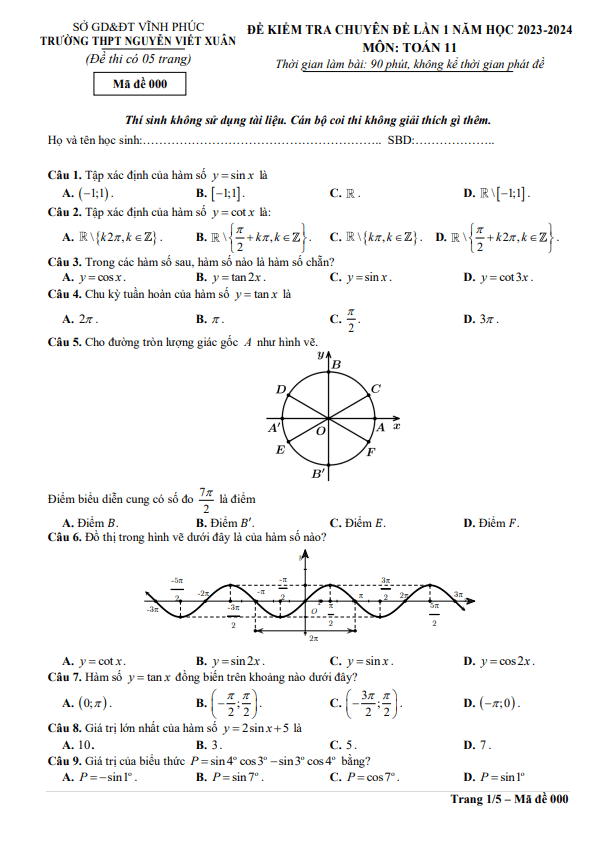 Đề kiểm tra lần 1 Toán 11 năm 2023 – 2024 trường THPT Nguyễn Viết Xuân – Vĩnh Phúc