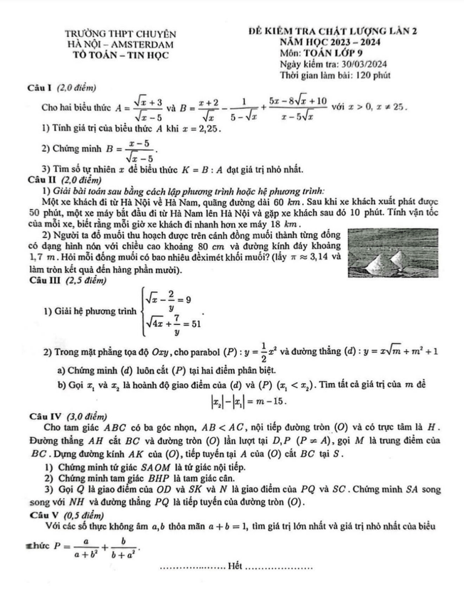 Đề kiểm tra lần 2 Toán 9 năm 2023 – 2024 trường chuyên Hà Nội – Amsterdam
