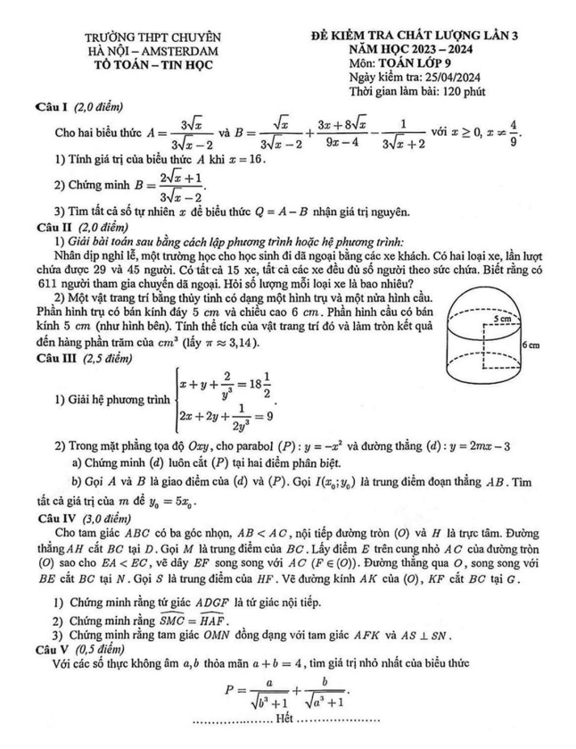 Đề kiểm tra lần 3 Toán 9 năm 2023 – 2024 trường chuyên Hà Nội – Amsterdam