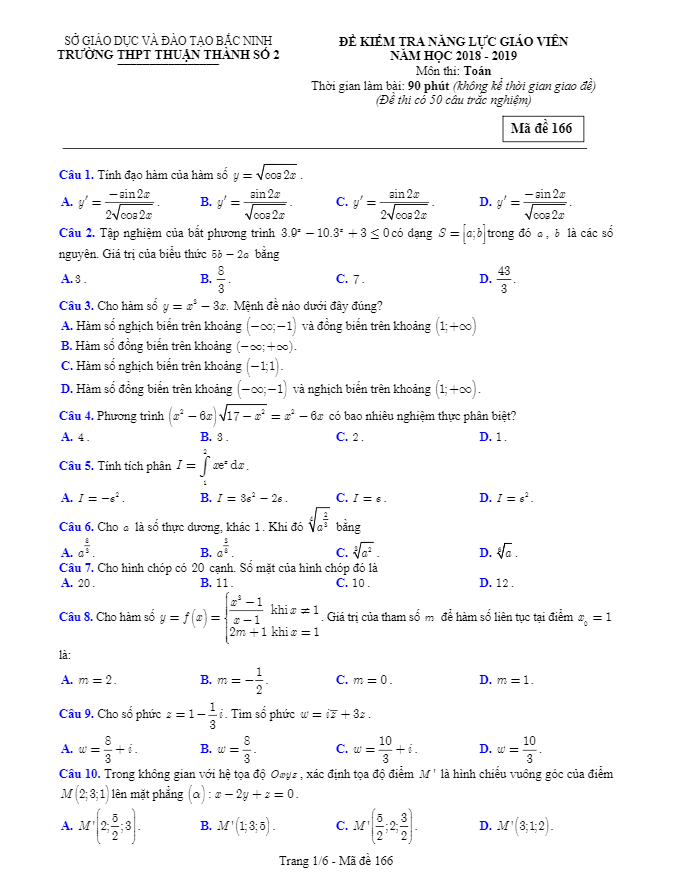 Đề kiểm tra năng lực giáo viên môn Toán năm 2018 – 2019 trường Thuận Thành 2 – Bắc Ninh