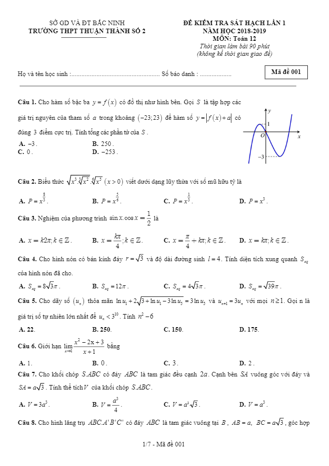 Đề kiểm tra sát hạch Toán 12 lần 1 năm 2018 – 2019 trường Thuận Thành 2 – Bắc Ninh
