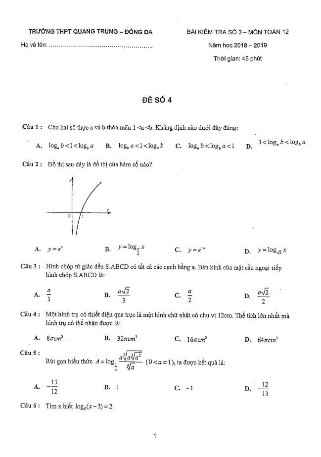 Đề kiểm tra số 3 môn Toán 12 năm 2018 – 2019 trường THPT Quang Trung – Hà Nội
