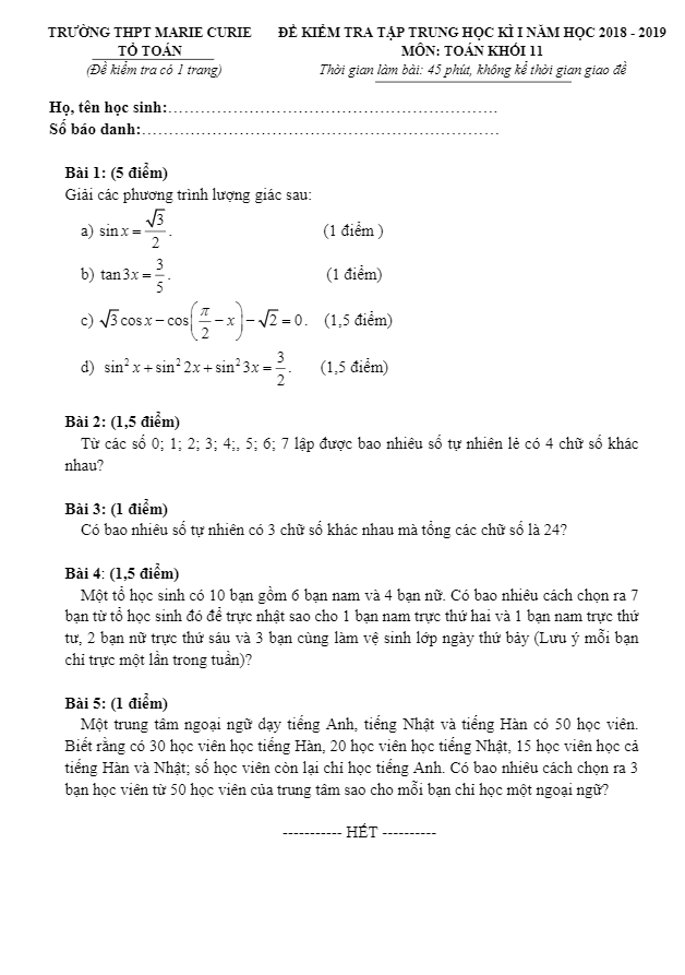 Đề kiểm tra tập trung HK1 Toán 11 năm 2018 – 2019 trường Marie Curie – TP. HCM