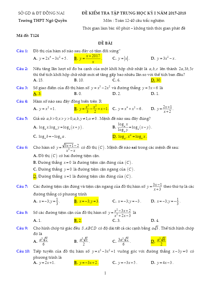 Đề kiểm tra tập trung HKI năm học 2017 – 2018 môn Toán 12 trường THPT Ngô Quyền – Đồng Nai