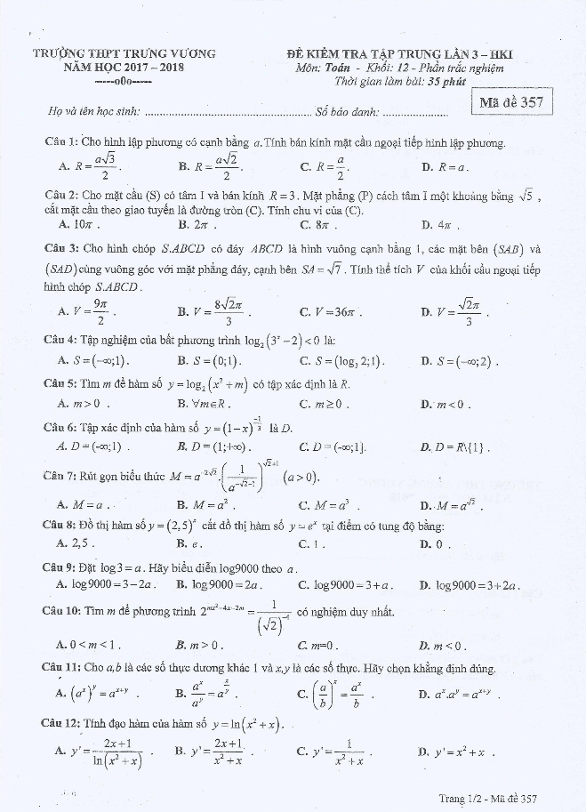 Đề kiểm tra tập trung lần 3 HK1 Toán 12 năm 2017 – 2018 trường Trưng Vương – TP. HCM