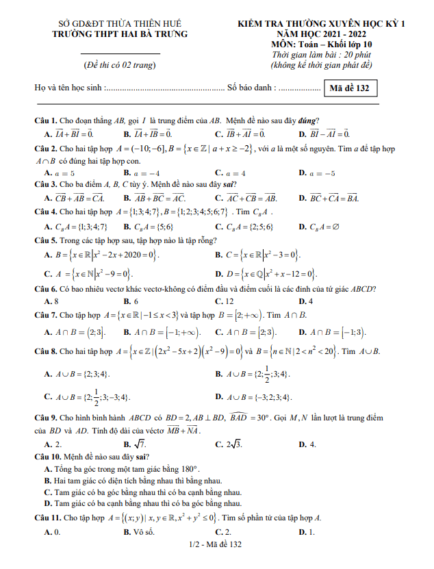 Đề kiểm tra thường xuyên HK1 Toán 10 năm 2021 – 2022 trường THPT Hai Bà Trưng – TT Huế