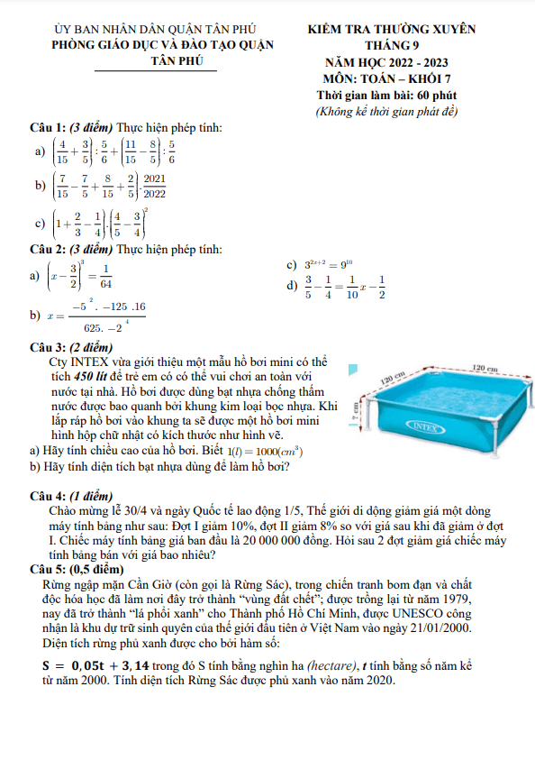 Đề kiểm tra thường xuyên Toán 7 tháng 9 năm 2022 phòng GD&ĐT Tân Phú – TP HCM