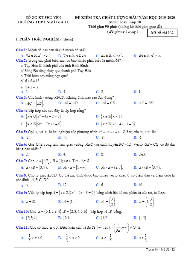 Đề kiểm tra Toán 10 đầu năm học 2019 – 2020 trường Ngô Gia Tự – Phú Yên