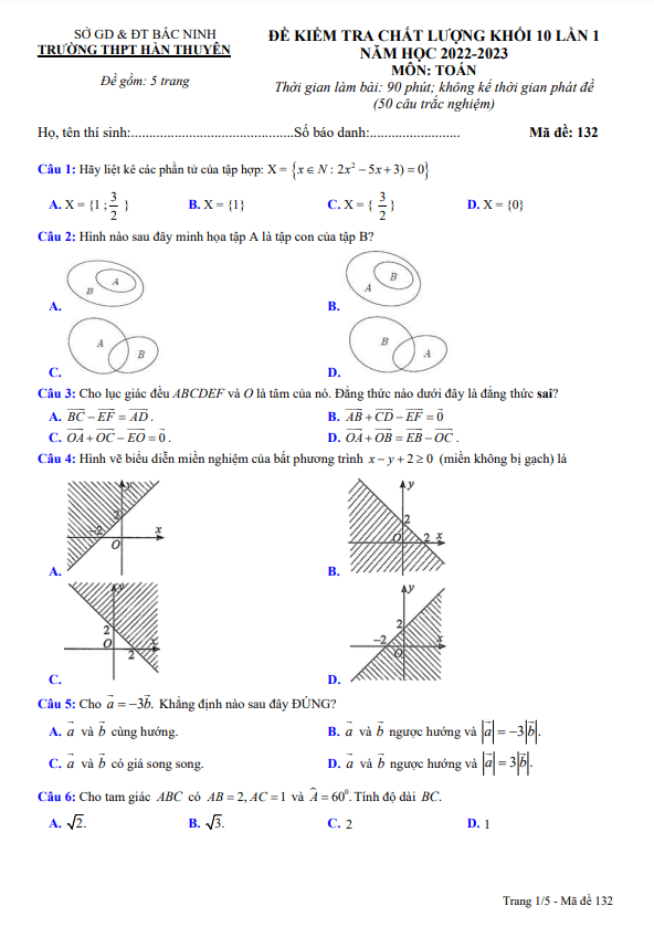 Đề kiểm tra Toán 10 lần 1 năm 2022 – 2023 trường THPT Hàn Thuyên – Bắc Ninh