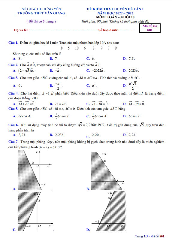 Đề kiểm tra Toán 10 lần 1 năm 2022 – 2023 trường THPT Văn Giang – Hưng Yên