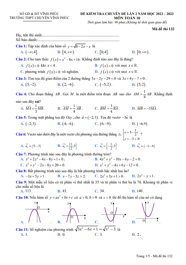 Đề kiểm tra Toán 10 lần 2 năm 2022 – 2023 trường THPT chuyên Vĩnh Phúc