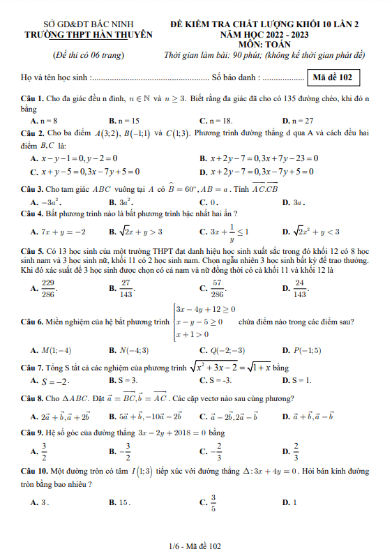 Đề kiểm tra Toán 10 lần 2 năm 2022 – 2023 trường THPT Hàn Thuyên – Bắc Ninh