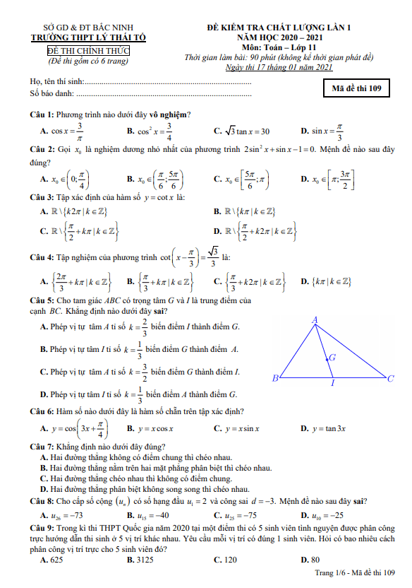 Đề kiểm tra Toán 11 lần 1 năm 2020 – 2021 trường THPT Lý Thái Tổ – Bắc Ninh