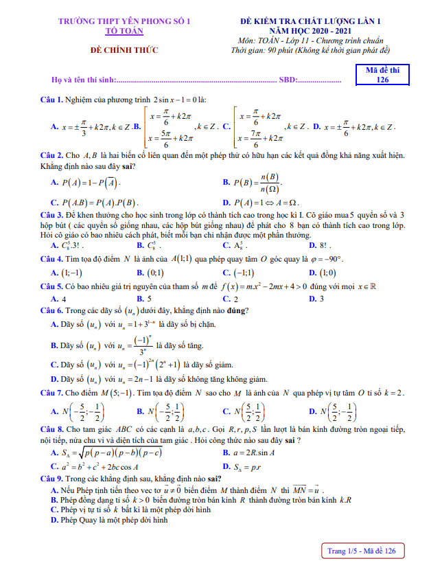 Đề kiểm tra Toán 11 lần 1 năm 2020 – 2021 trường Yên Phong 1 – Bắc Ninh