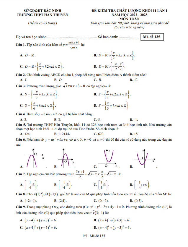 Đề kiểm tra Toán 11 lần 1 năm 2022 – 2023 trường THPT Hàn Thuyên – Bắc Ninh