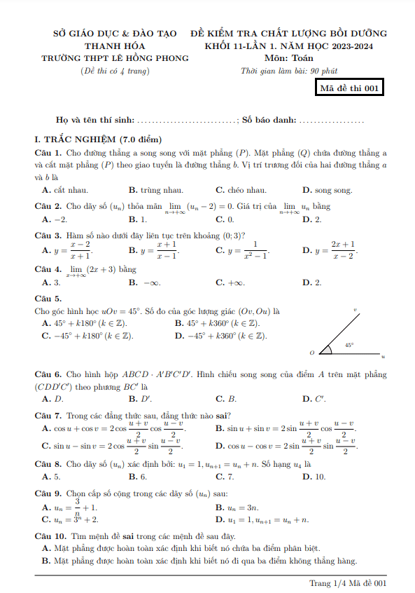 Đề kiểm tra Toán 11 lần 1 năm 2023 – 2024 trường THPT Lê Hồng Phong – Thanh Hóa