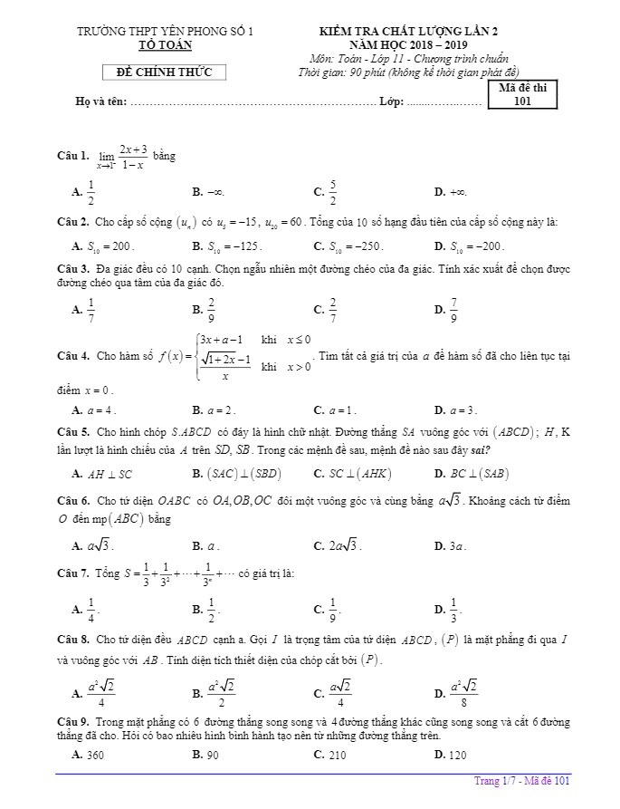 Đề kiểm tra Toán 11 lần 2 năm 2018 – 2019 trường Yên Phong 1 – Bắc Ninh