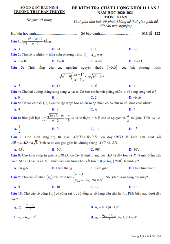 Đề kiểm tra Toán 11 lần 2 năm 2020 – 2021 trường Hàn Thuyên – Bắc Ninh