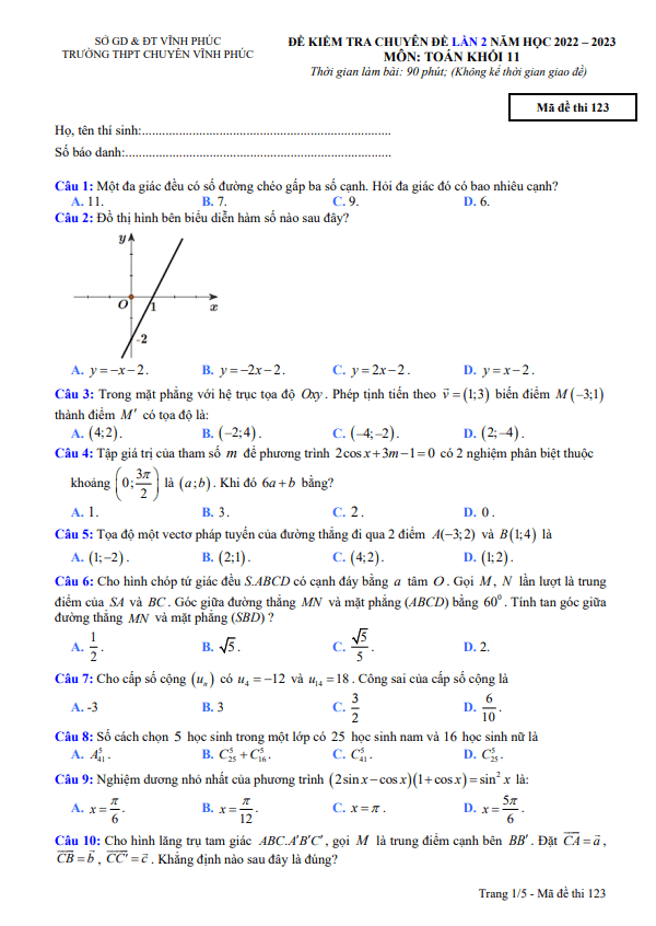 Đề kiểm tra Toán 11 lần 2 năm 2022 – 2023 trường THPT chuyên Vĩnh Phúc