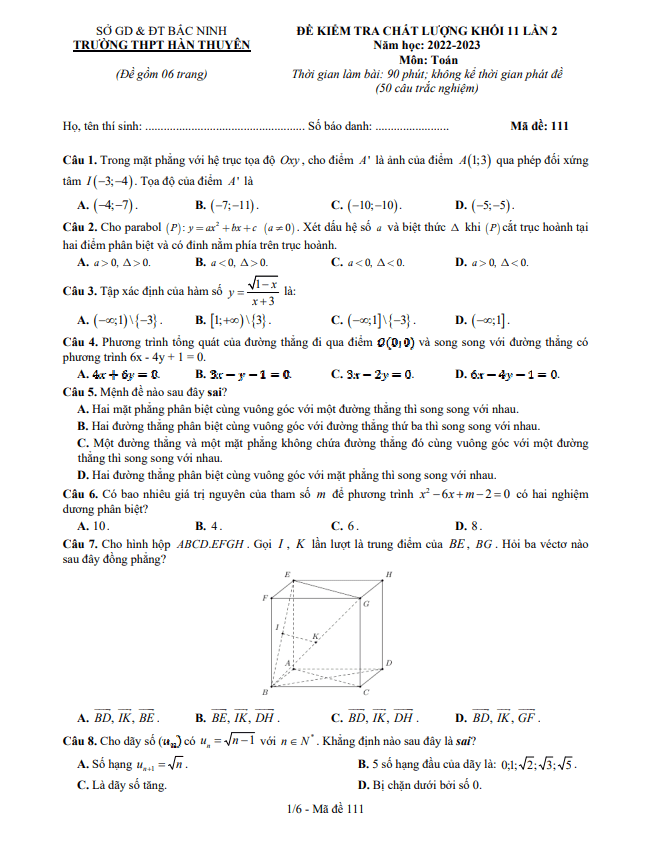 Đề kiểm tra Toán 11 lần 2 năm 2022 – 2023 trường THPT Hàn Thuyên – Bắc Ninh