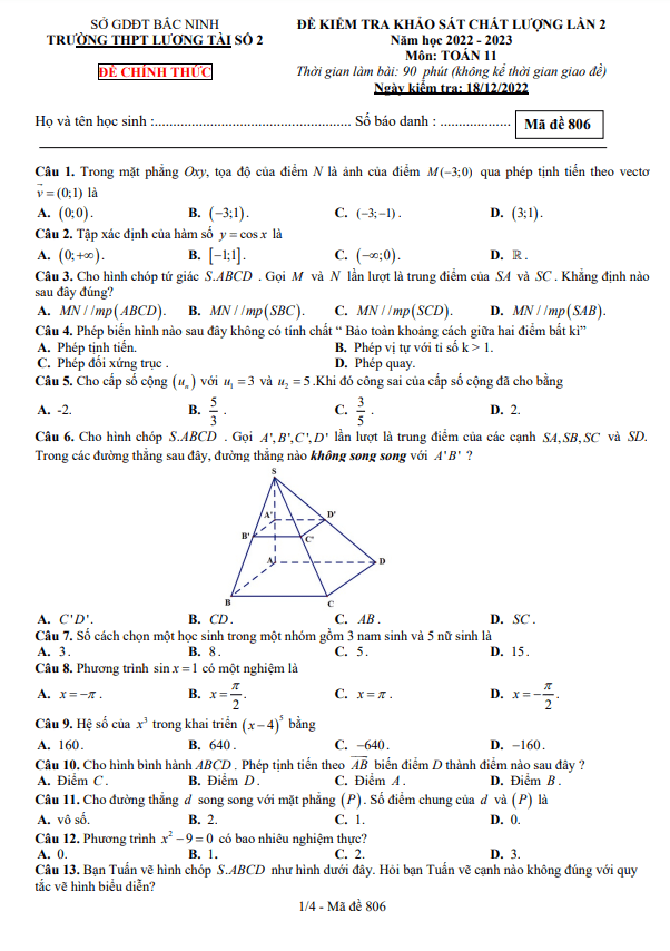 Đề kiểm tra Toán 11 lần 2 năm 2022 – 2023 trường THPT Lương Tài 2 – Bắc Ninh