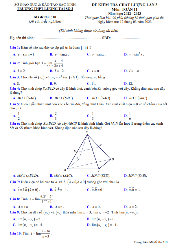 Đề kiểm tra Toán 11 lần 3 năm 2022 – 2023 trường THPT Lương Tài 2 – Bắc Ninh