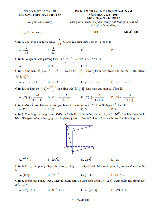 Đề kiểm tra Toán 12 đầu năm 2023 – 2024 trường THPT Hàn Thuyên – Bắc Ninh