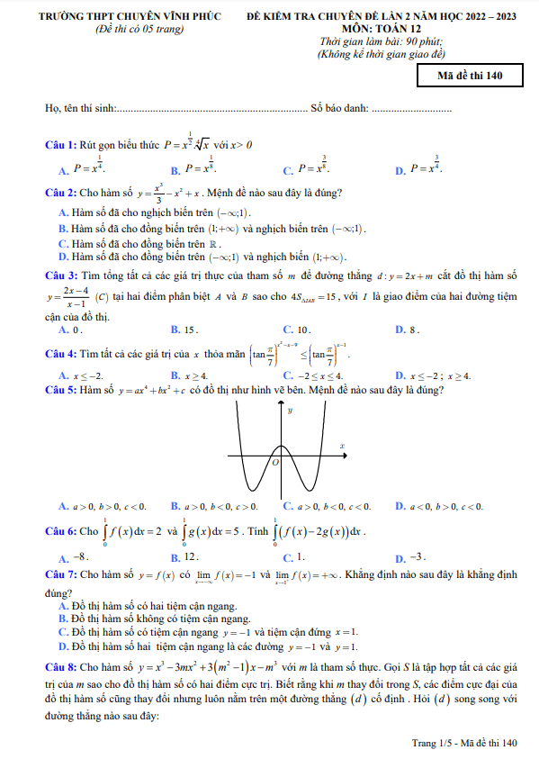 Đề kiểm tra Toán 12 lần 2 năm 2022 – 2023 trường THPT chuyên Vĩnh Phúc