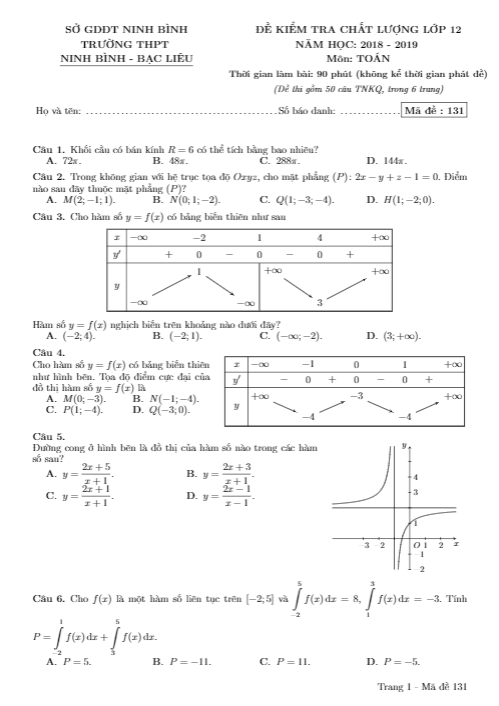 Đề kiểm tra Toán 12 năm 2018 – 2019 lần 4 trường Ninh Bình – Bạc Liêu – Ninh Bình