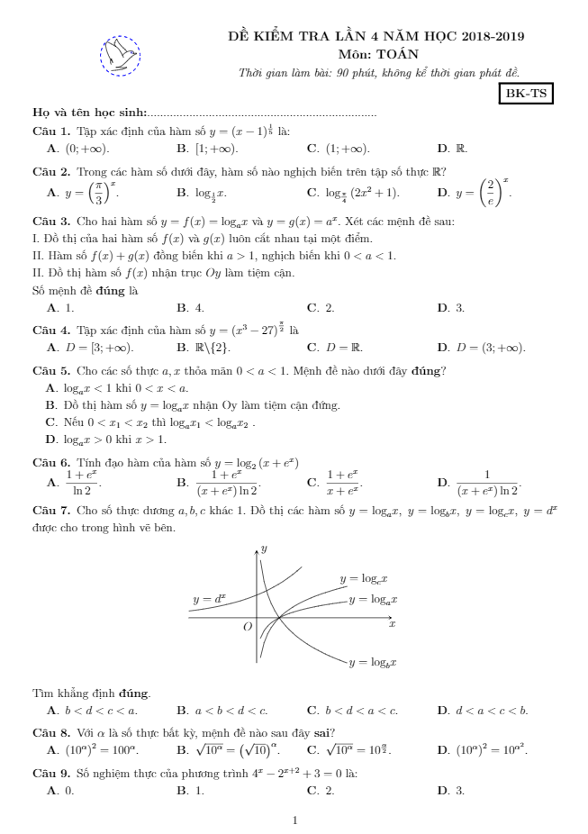 Đề kiểm tra Toán 12 năm 2018 – 2019 trường THCS và THPT Nguyễn Khuyến – Bình Dương lần 4