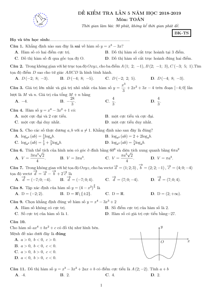 Đề kiểm tra Toán 12 năm 2018 – 2019 trường THCS và THPT Nguyễn Khuyến – Bình Dương lần 5