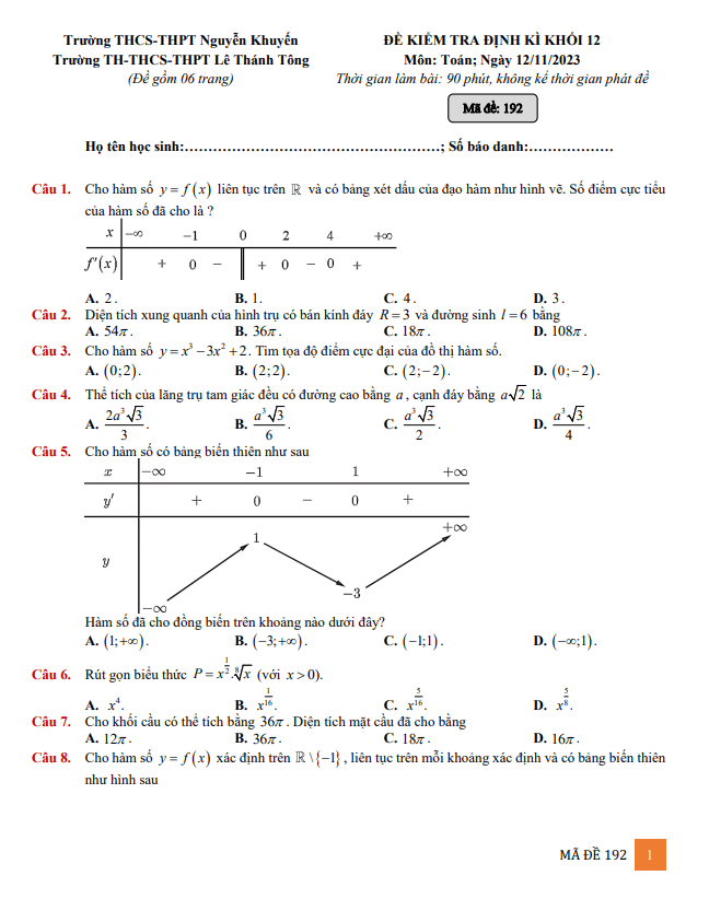 Đề kiểm tra Toán 12 năm 2023 – 2024 trường Nguyễn Khuyến & Lê Thánh Tông – TP HCM
