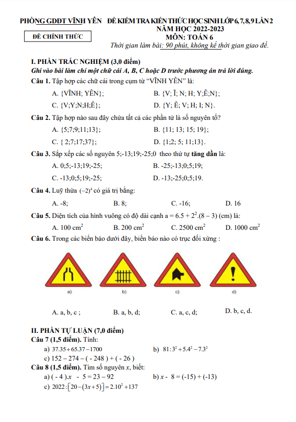 Đề kiểm tra Toán 6 lần 2 năm 2022 – 2023 phòng GD&ĐT Vĩnh Yên – Vĩnh Phúc