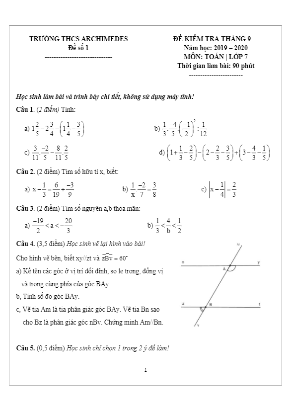 Đề kiểm tra Toán 7 tháng 9 năm 2019 – 2020 trường Archimedes Academy – Hà Nội