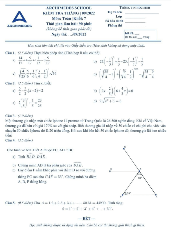 Đề kiểm tra Toán 7 tháng 9 năm 2022 hệ thống giáo dục Archimedes School – Hà Nội