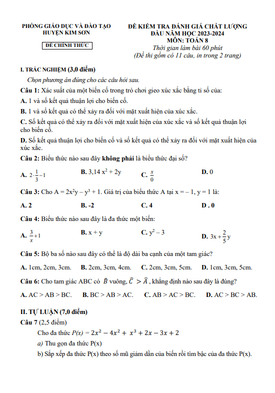 Đề kiểm tra Toán 8 đầu năm 2023 – 2024 phòng GD&ĐT Kim Sơn – Ninh Bình