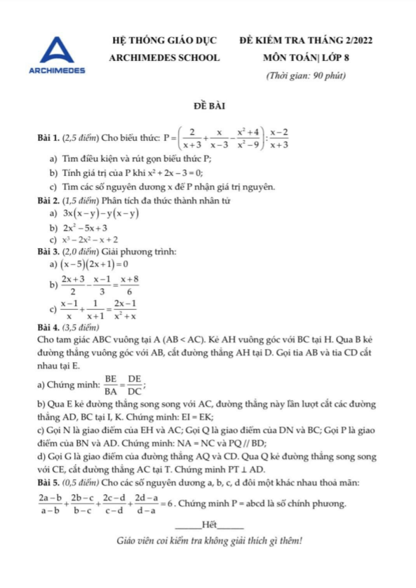 Đề kiểm tra Toán 8 tháng 02 năm 2022 hệ thống giáo dục Archimedes School – Hà Nội