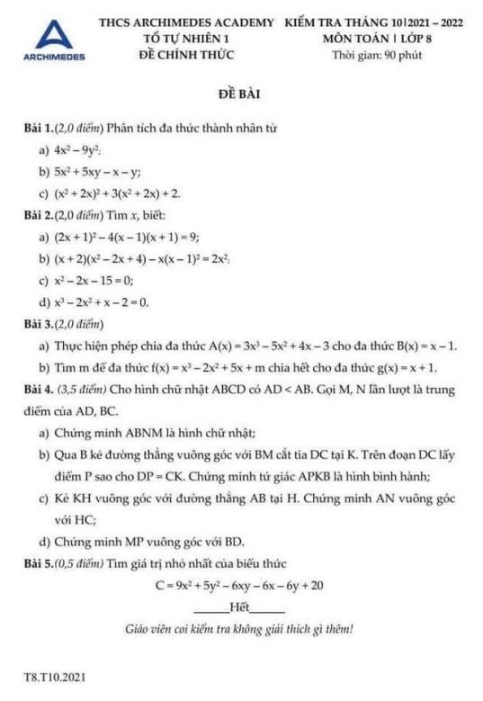 Đề kiểm tra Toán 8 tháng 10 năm 2021 trường THCS Archimedes Academy – Hà Nội