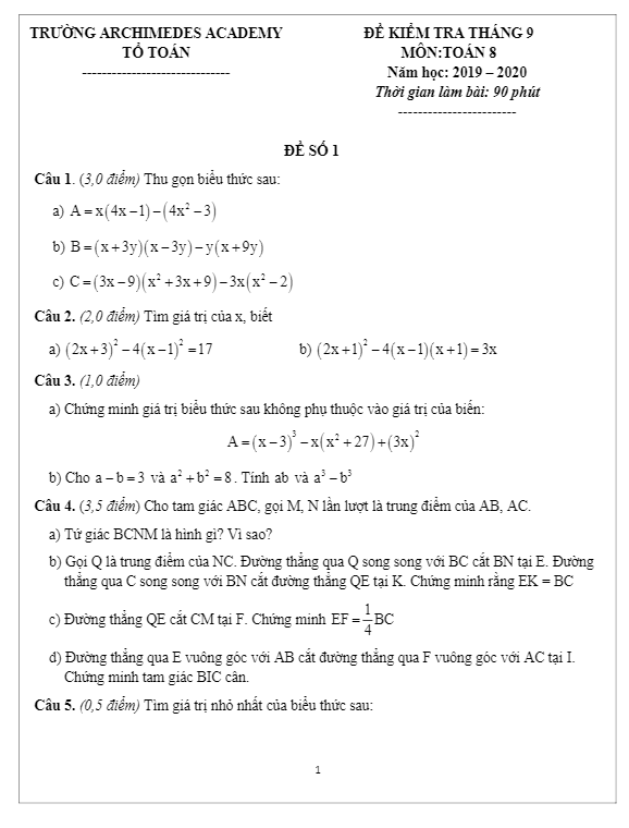 Đề kiểm tra Toán 8 tháng 9 năm 2019 – 2020 trường Archimedes Academy – Hà Nội