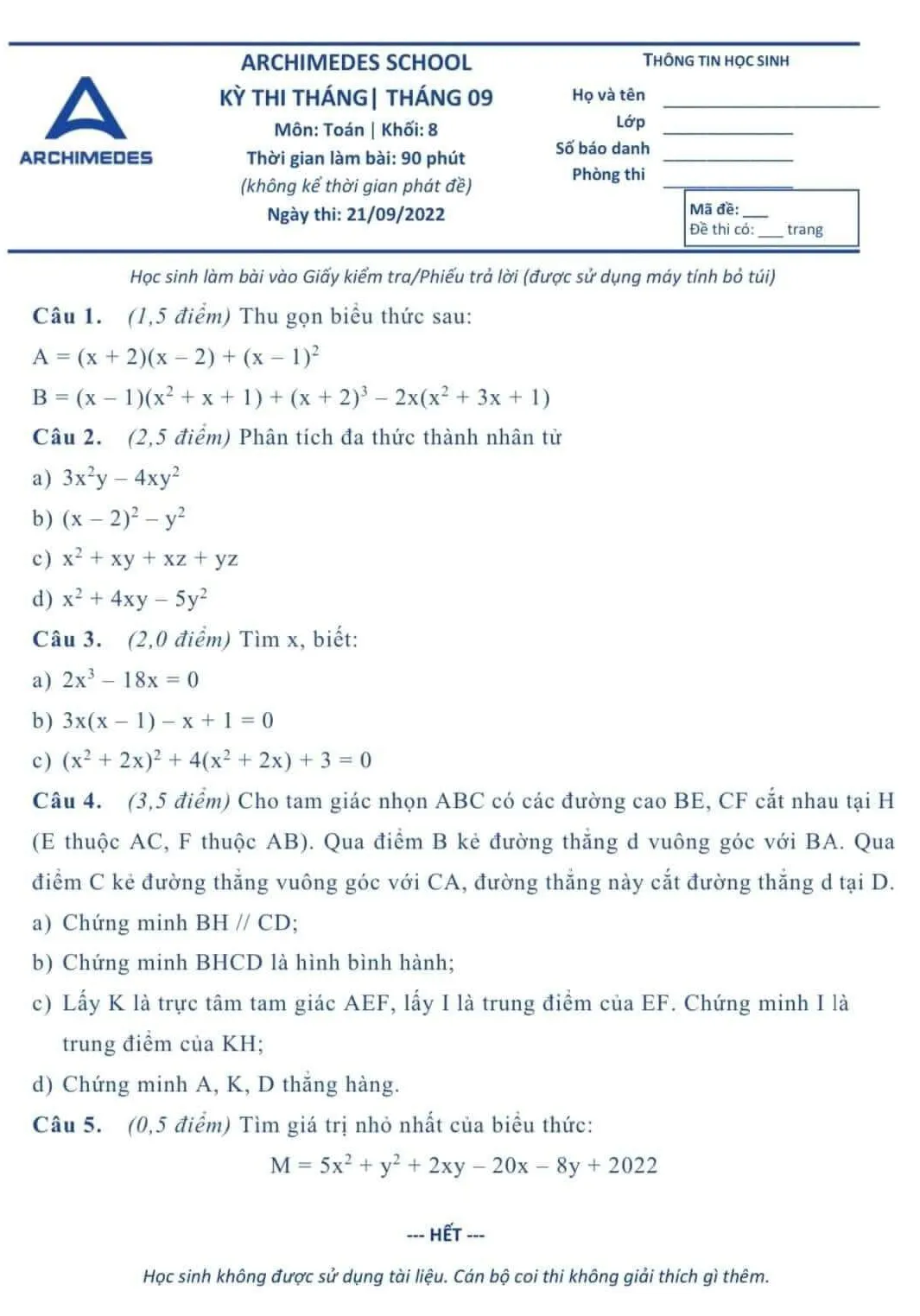 Đề kiểm tra Toán 8 tháng 9 năm 2022 hệ thống giáo dục Archimedes School – Hà Nội