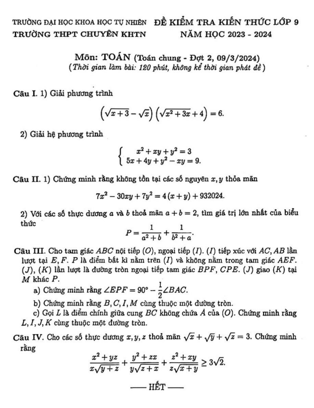 Đề kiểm tra Toán 9 (chung) đợt 2 năm 2023 – 2024 trường chuyên KHTN – Hà Nội