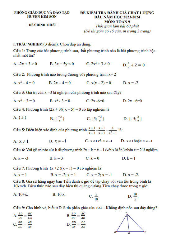 Đề kiểm tra Toán 9 đầu năm 2023 – 2024 phòng GD&ĐT Kim Sơn – Ninh Bình