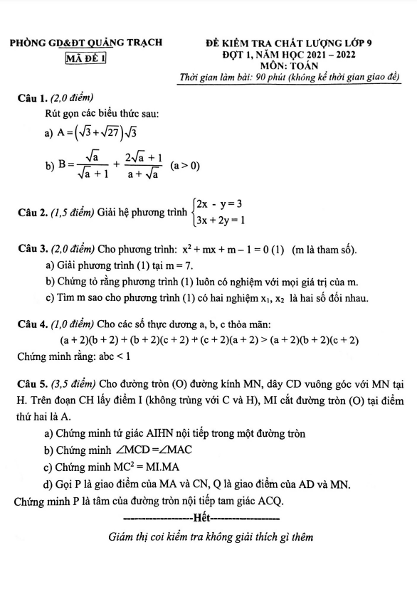 Đề kiểm tra Toán 9 đợt 1 năm 2021 – 2022 phòng GD&ĐT Quảng Trạch – Quảng Bình