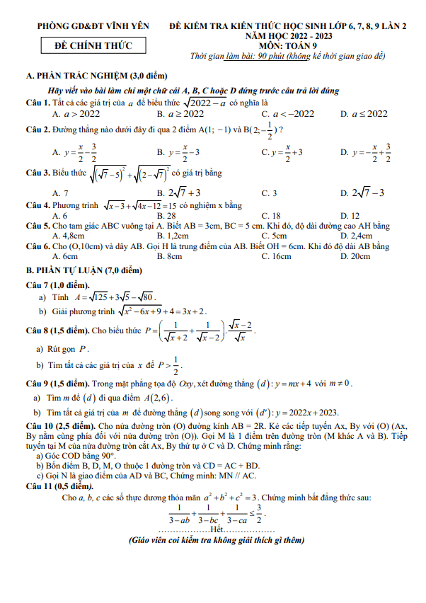 Đề kiểm tra Toán 9 lần 2 năm 2022 – 2023 phòng GD&ĐT Vĩnh Yên – Vĩnh Phúc