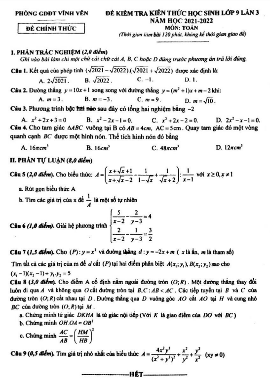 Đề kiểm tra Toán 9 lần 3 năm 2021 – 2022 phòng GD&ĐT Vĩnh Yên – Vĩnh Phúc