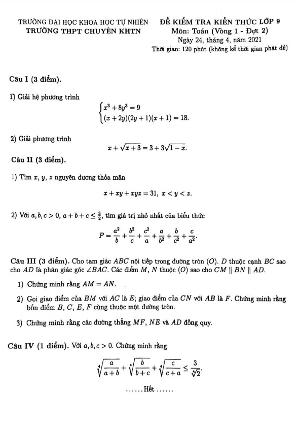 Đề kiểm tra Toán 9 năm 2020 – 2021 trường chuyên KHTN – Hà Nội (Vòng 1 – Đợt 2)